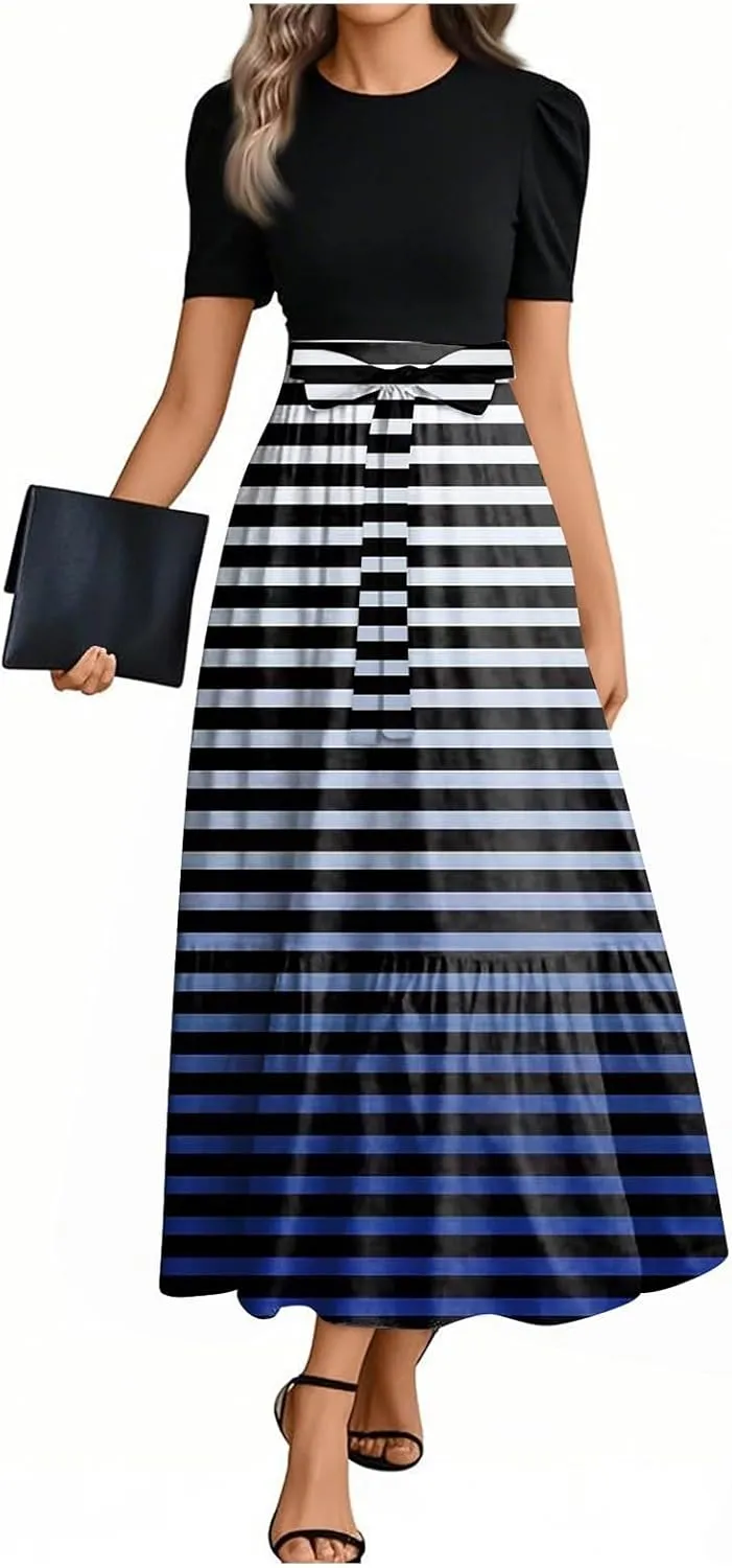 ZEFOTIM Maxi Dress for Women Beach Striped Dress Short Sleeve Crew Neck Dresses with Belt