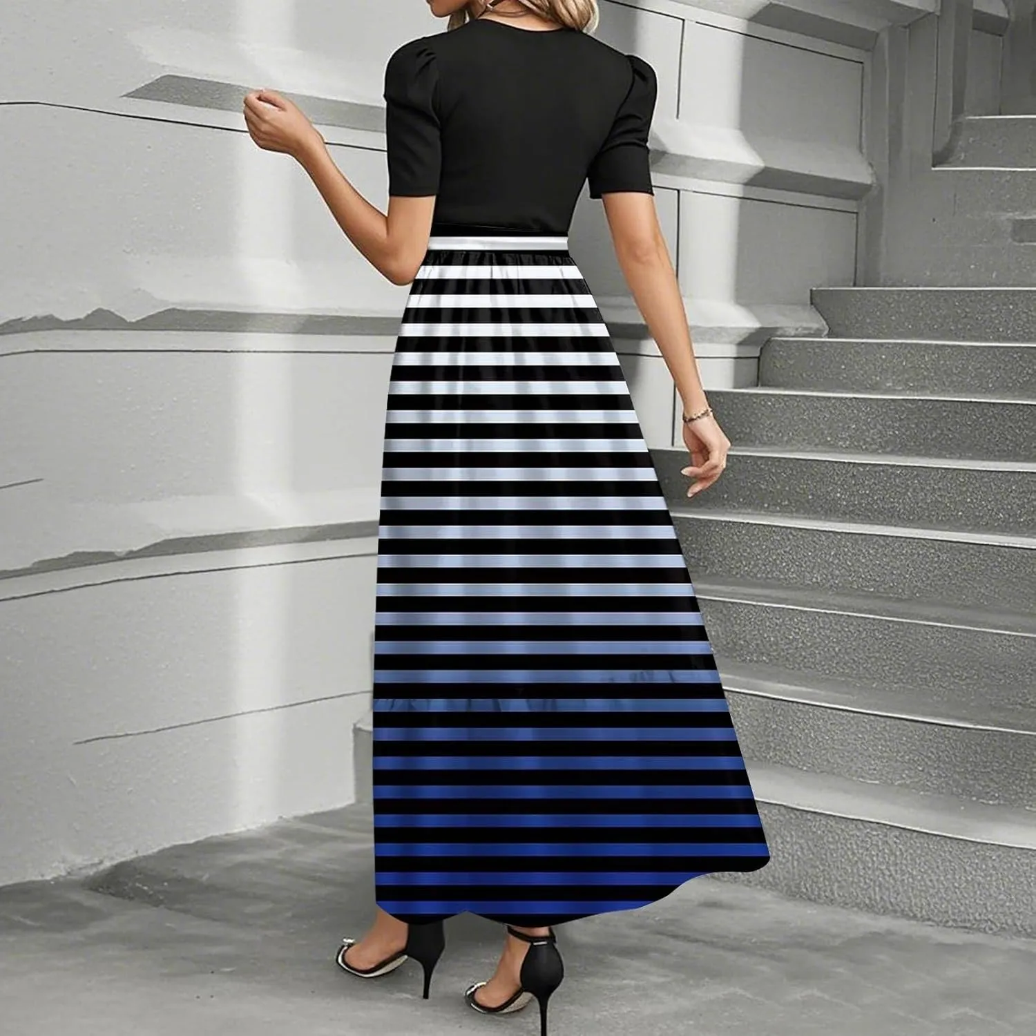ZEFOTIM Maxi Dress for Women Beach Striped Dress Short Sleeve Crew Neck Dresses with Belt