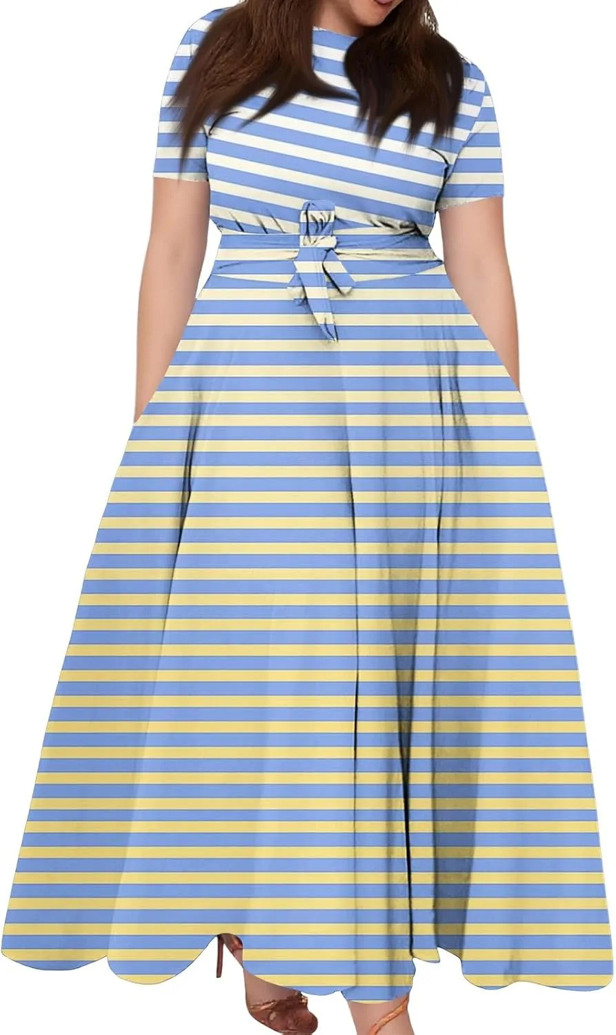 ZEFOTIM Maxi Dress for Women Plus Size Elegant Striped Dress Short Sleeve Crew Neck Dresses