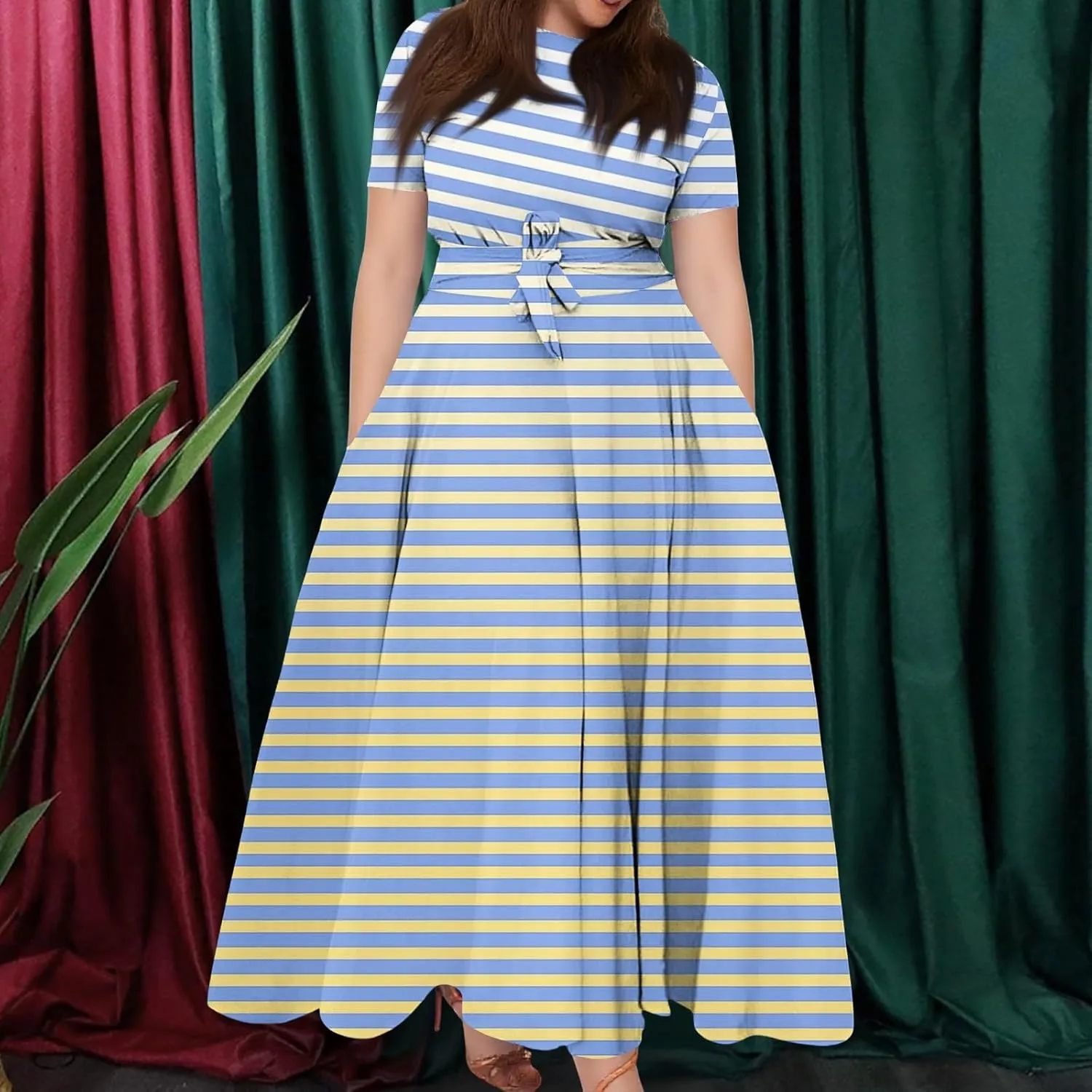 ZEFOTIM Maxi Dress for Women Plus Size Elegant Striped Dress Short Sleeve Crew Neck Dresses