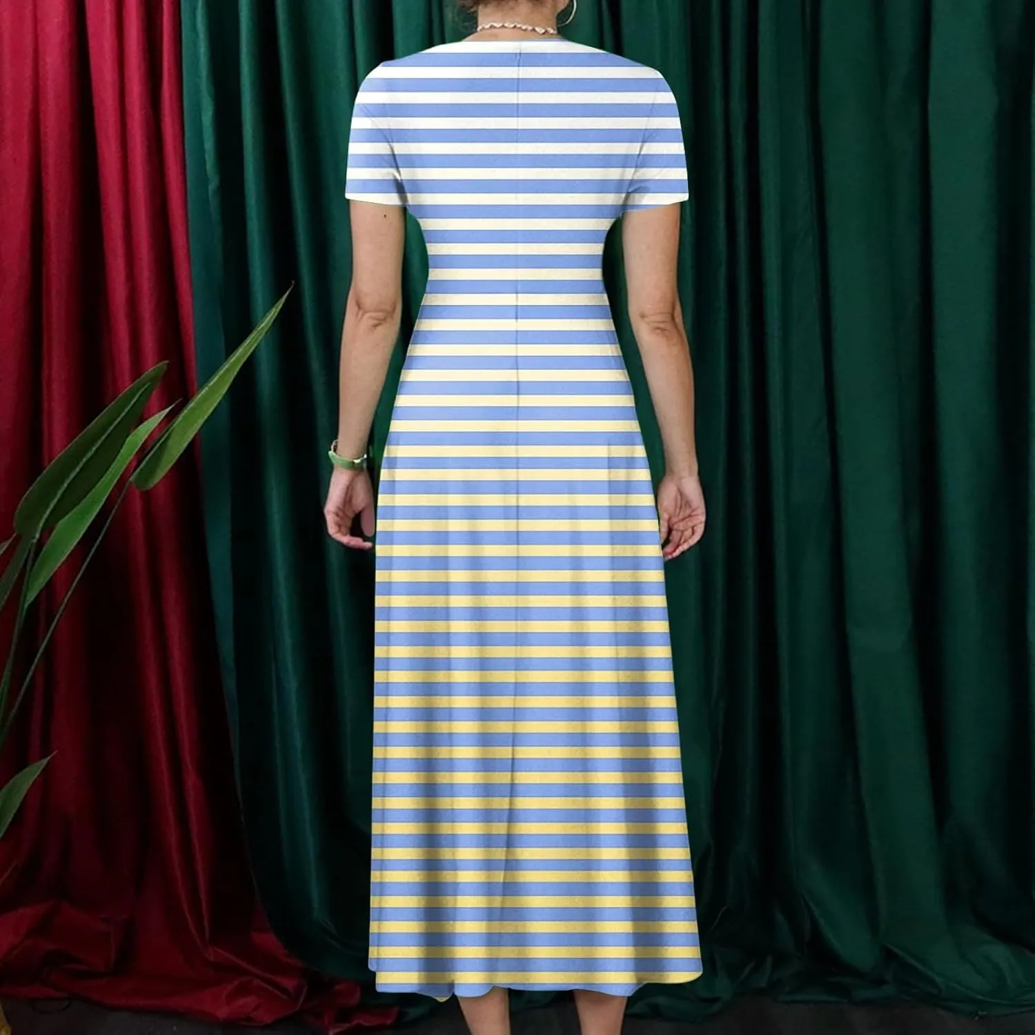 ZEFOTIM Maxi Dress for Women Plus Size Elegant Striped Dress Short Sleeve Crew Neck Dresses