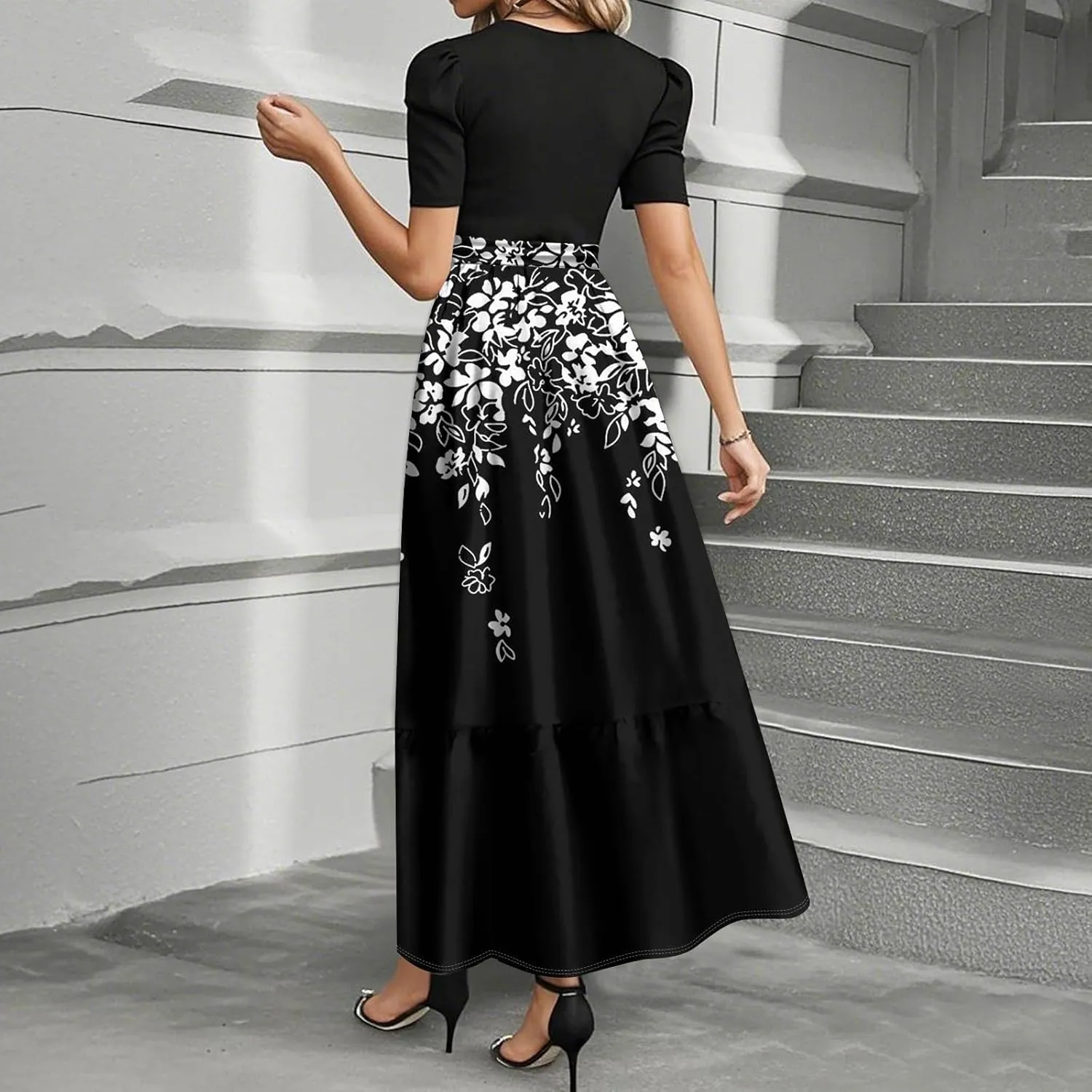 ZEFOTIM Maxi Dresses for Women 2025 Flower Floral/Stripe Dress Short Sleeve Crew Neck Dresses with Belt