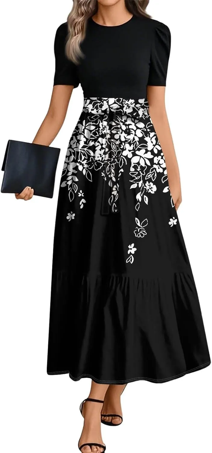 ZEFOTIM Maxi Dresses for Women 2025 Flower Floral/Stripe Dress Short Sleeve Crew Neck Dresses with Belt