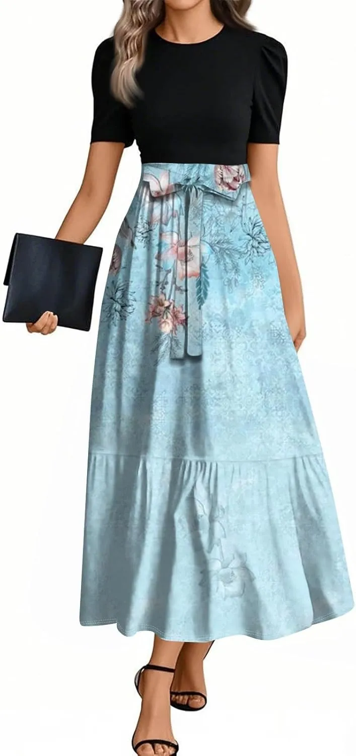 ZEFOTIM Maxi Dresses for Women 2025 Holiday Floral/Geometric Dress Short Sleeve Crew Neck Dresses with Belt