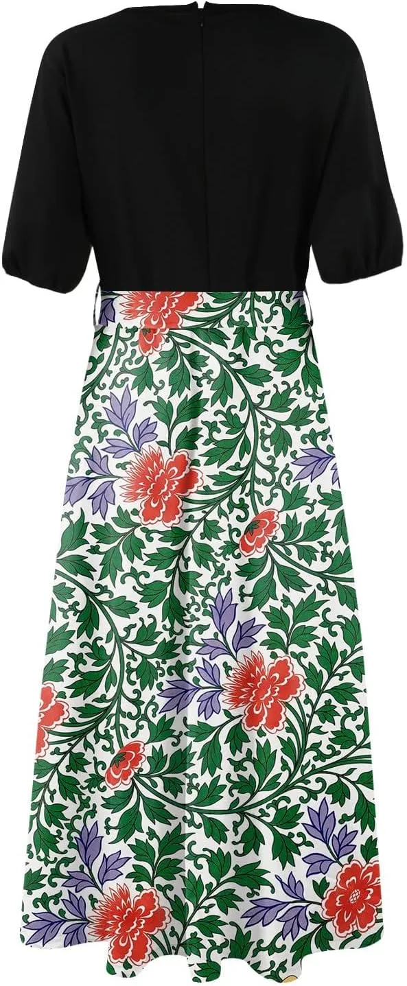 ZEFOTIM Women's Maxi Dress Work Floral Dress Short Sleeve V Neck Dresses with Slit