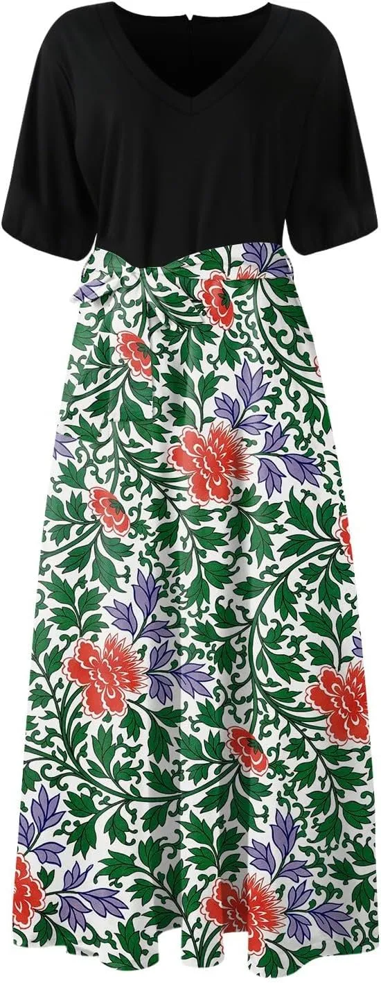 ZEFOTIM Women's Maxi Dress Work Floral Dress Short Sleeve V Neck Dresses with Slit