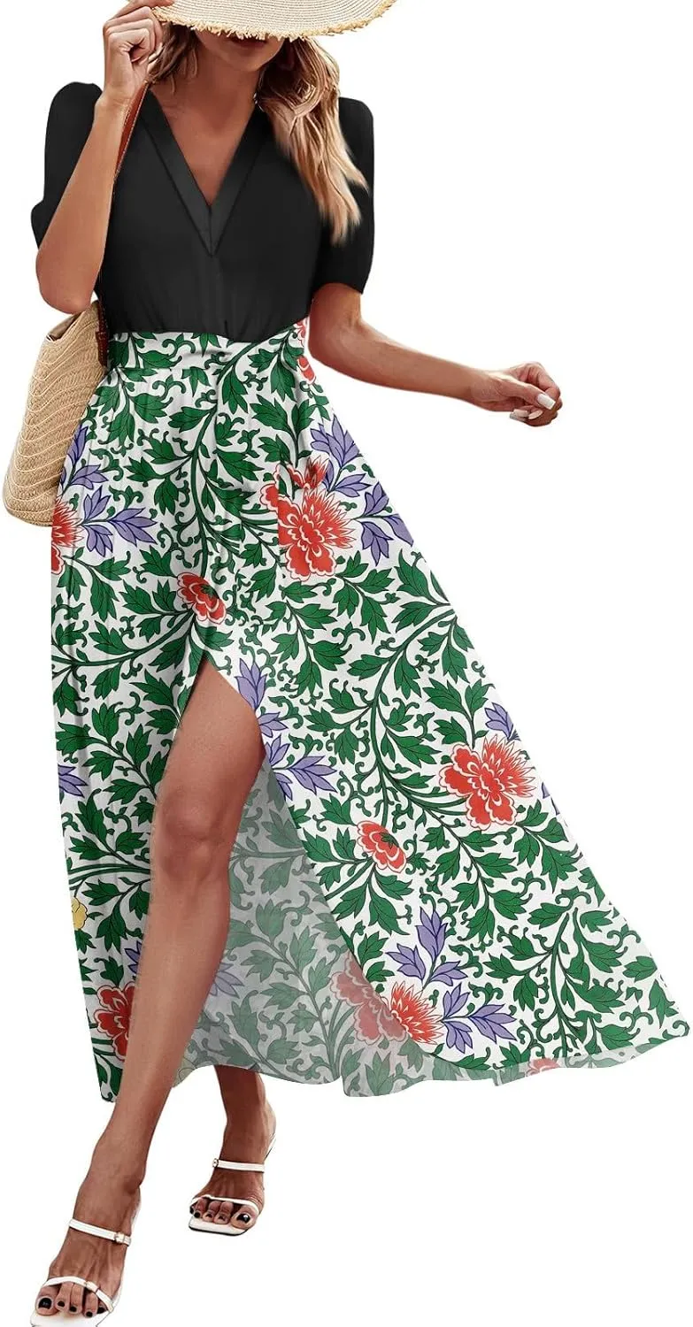 ZEFOTIM Women's Maxi Dress Work Floral Dress Short Sleeve V Neck Dresses with Slit