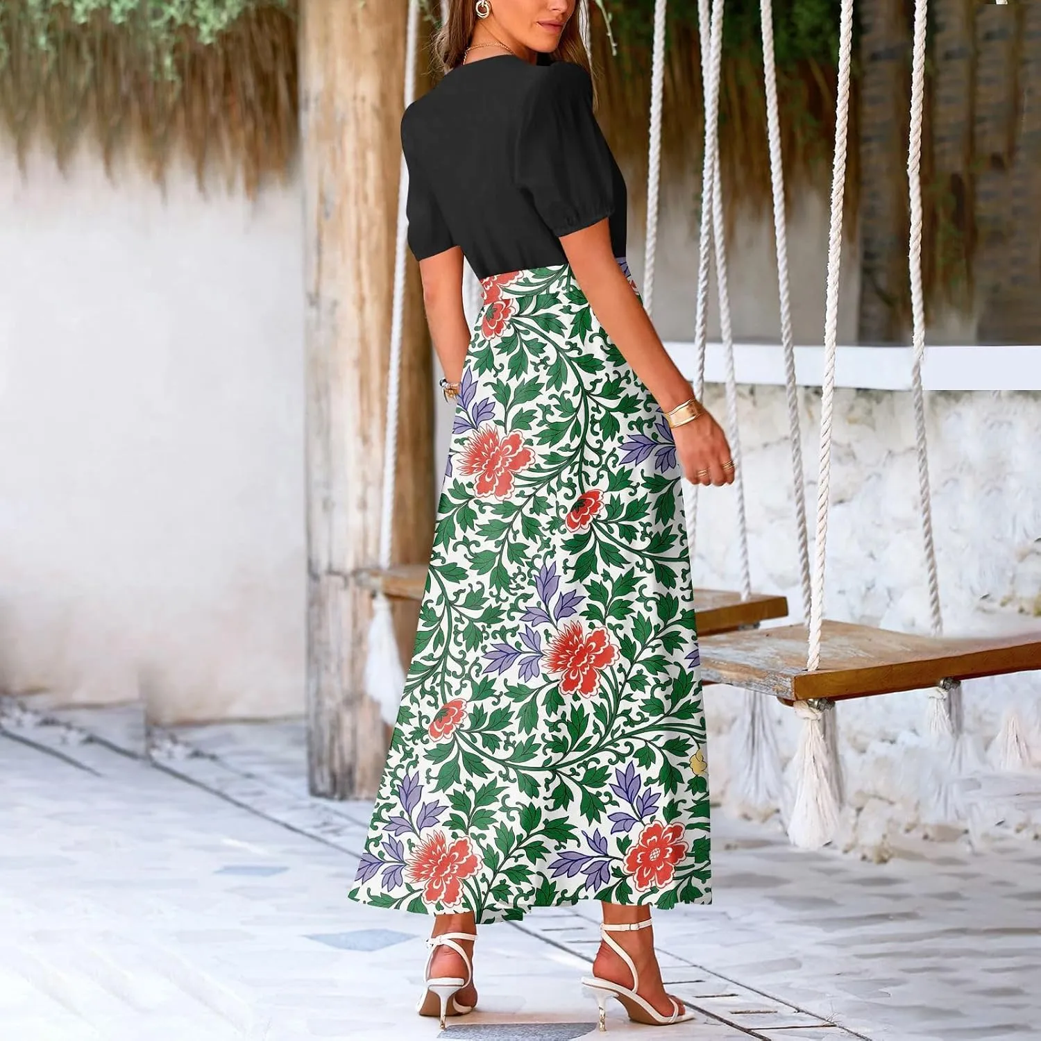 ZEFOTIM Women's Maxi Dress Work Floral Dress Short Sleeve V Neck Dresses with Slit