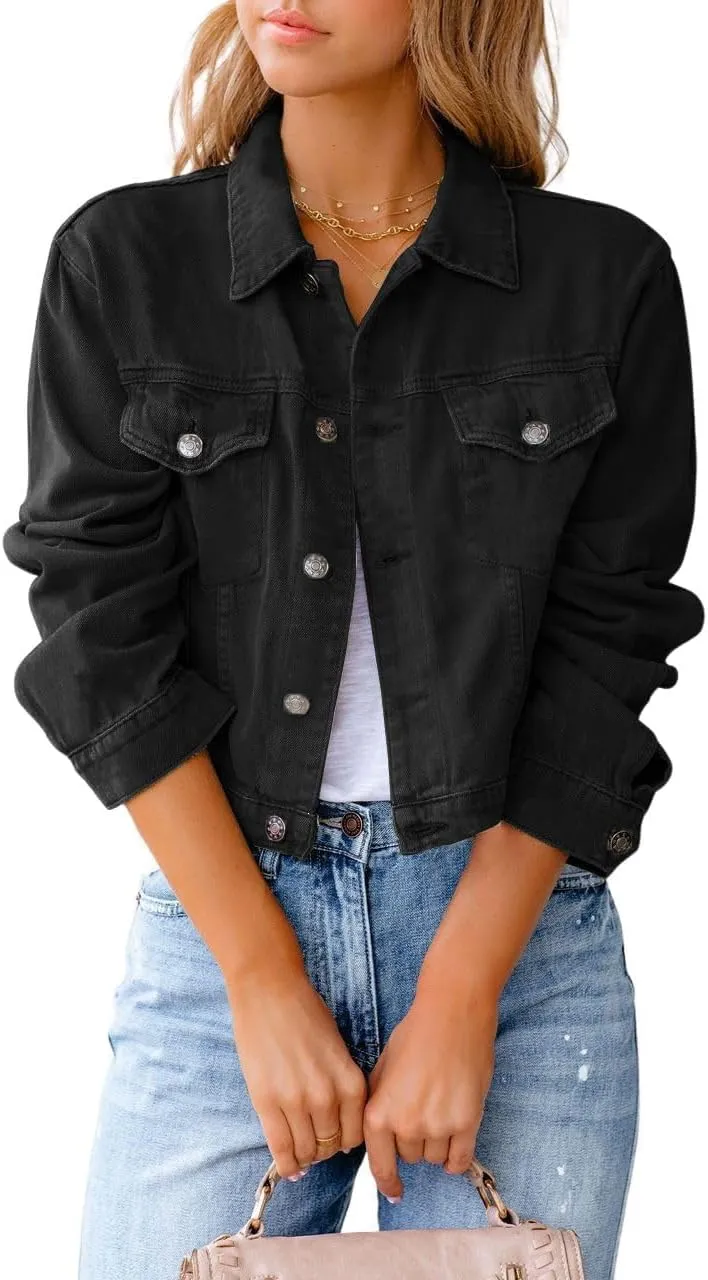ZOCANIA Women's Cropped Denim Jackets Long Sleeve Button Up Jean Coat Slim Trucker Jacket Lightweight Fall Outwear Shacket