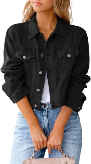 ZOCANIA Women's Cropped Denim Jackets Long Sleeve Button Up Jean Coat Slim Trucker Jacket Lightweight Fall Outwear Shacket