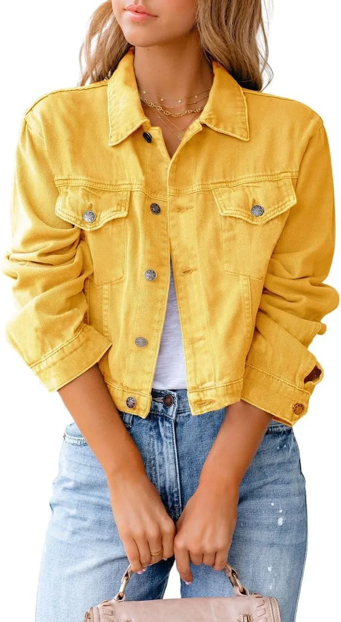 ZOCANIA Women's Cropped Denim Jackets Long Sleeve Button Up Jean Coat Slim Trucker Jacket Lightweight Fall Outwear Shacket