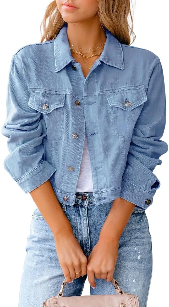 ZOCANIA Women's Cropped Denim Jackets Long Sleeve Button Up Jean Coat Slim Trucker Jacket Lightweight Fall Outwear Shacket