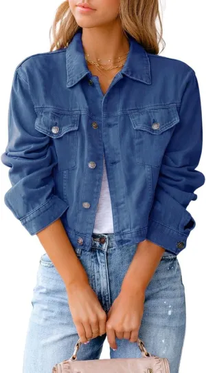 ZOCANIA Women's Cropped Denim Jackets Long Sleeve Button Up Jean Coat Slim Trucker Jacket Lightweight Fall Outwear Shacket